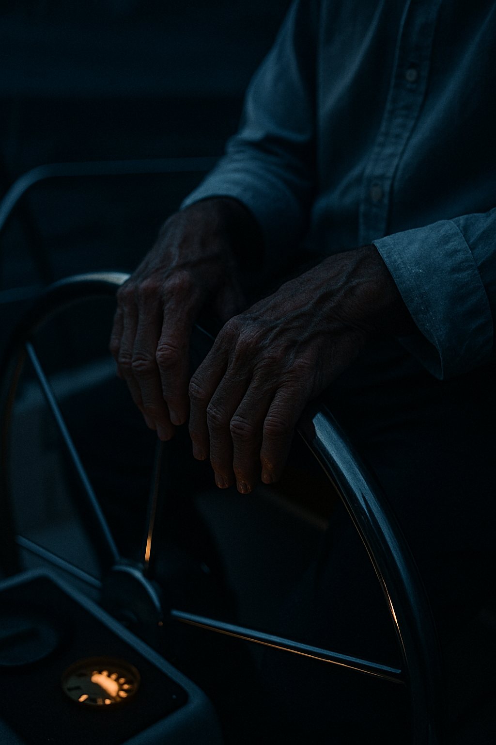 Hands resting on a stainless yacht wheel at night, lit by instrument glow